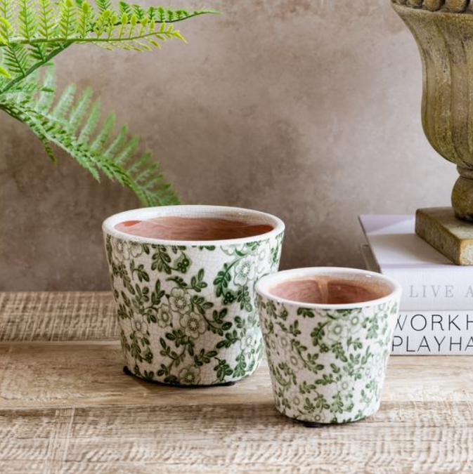 old style plant pots GREEN FLORAL PRINT POT