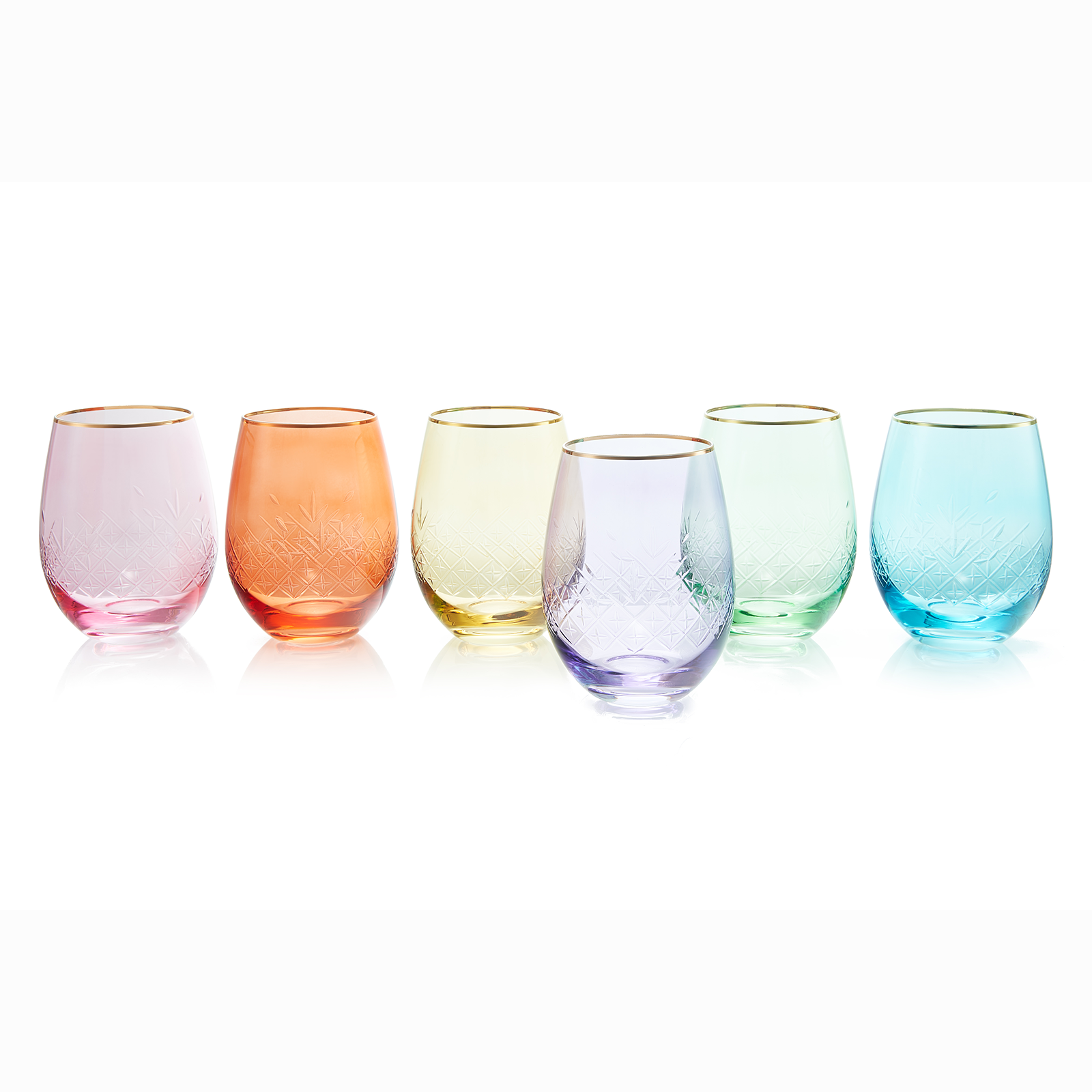Art Deco Colored Crystal Stemless Wine Glass Set of 6, 15 oz