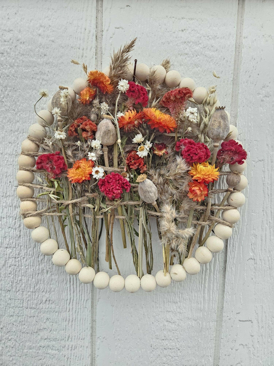 Wreath:  Beads, Jute, Flowers.