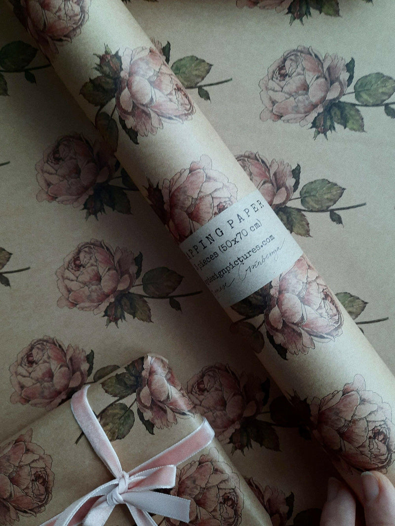 Set Of 3 Pieces Vintage Rose Kraft Wrapping Paper.