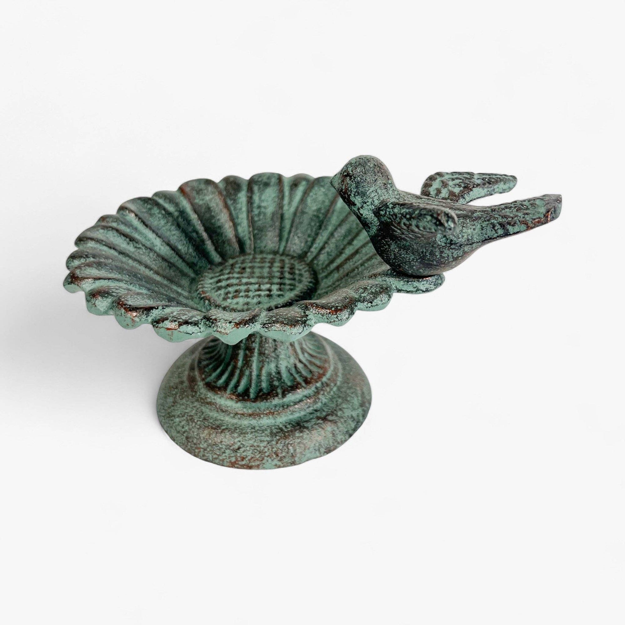 Verdigris Sunflower Bird Bath, Cast Iron Pedestal Feeder