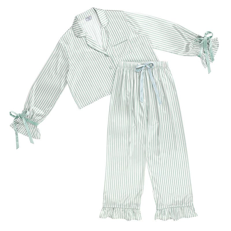 Ruffled PJ Set with Velvet Ties - Ivory + Sage Green