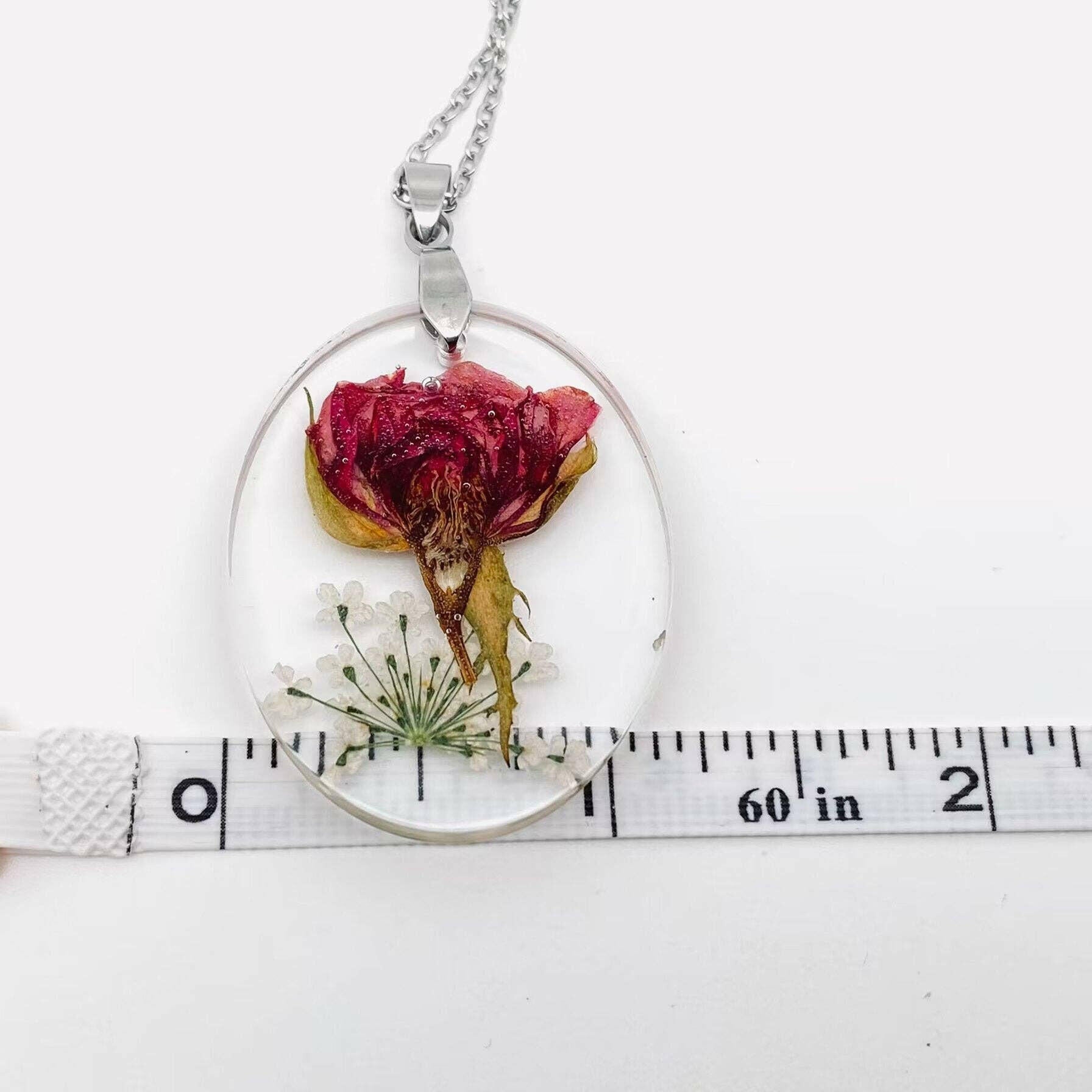 Rose Genuine Dried Flower Oval Pendant Necklace - PDF.