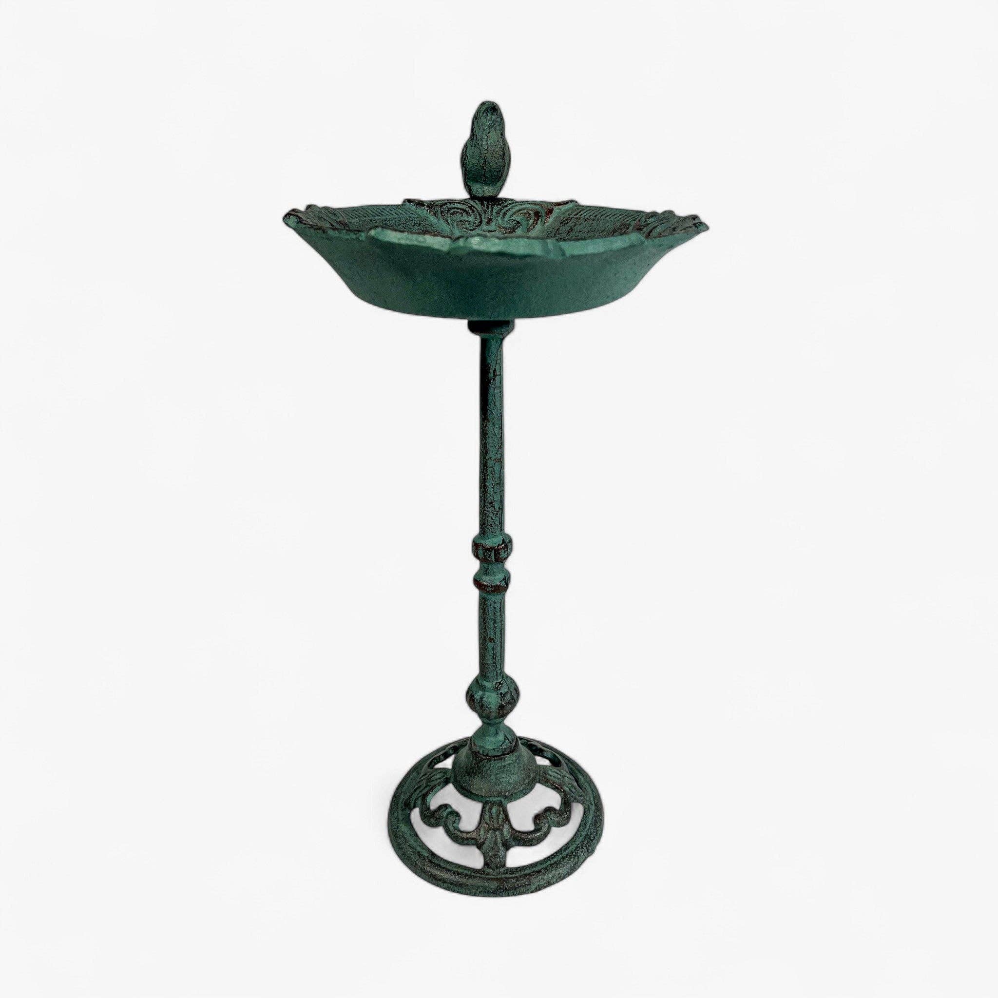 Pedestal Bird Bath Cast Iron Green Patina Garden Decor