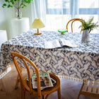 Vintage Floral Blue Cotton Tablecloth with Tassels - 55x86 Inches