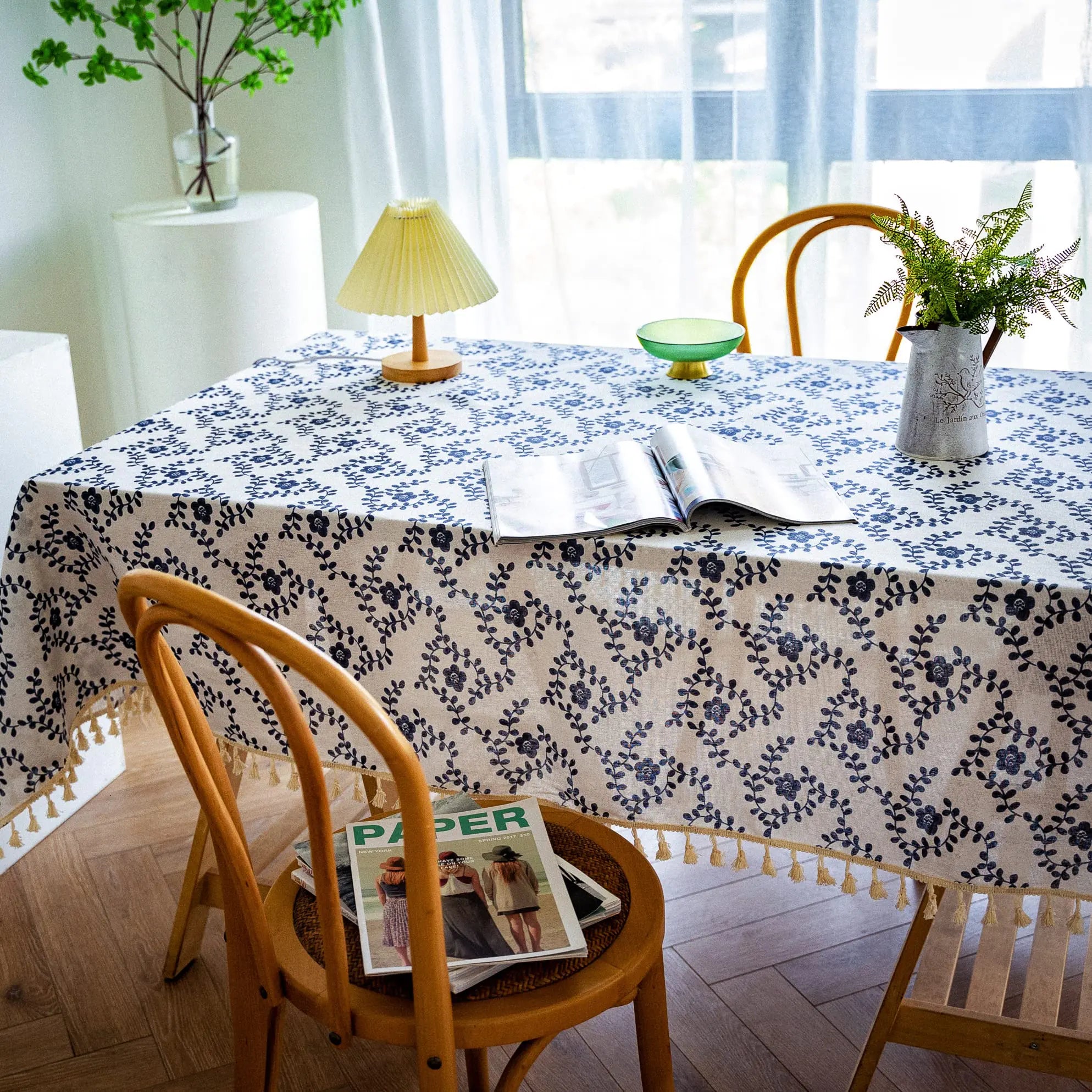 Vintage Floral Blue Cotton Tablecloth with Tassels - 55x86 Inches