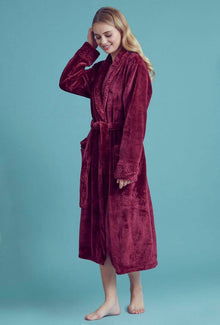 Women Plush Shawl Collar Robe Wine Red