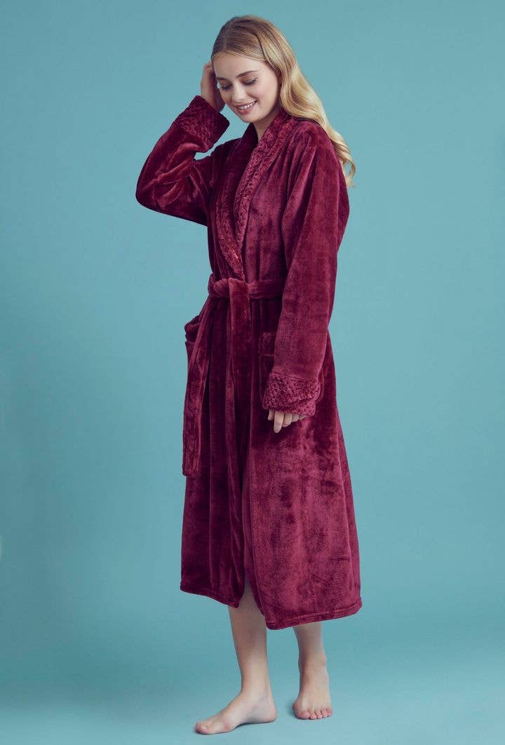 Women Plush Shawl Collar Robe Wine Red