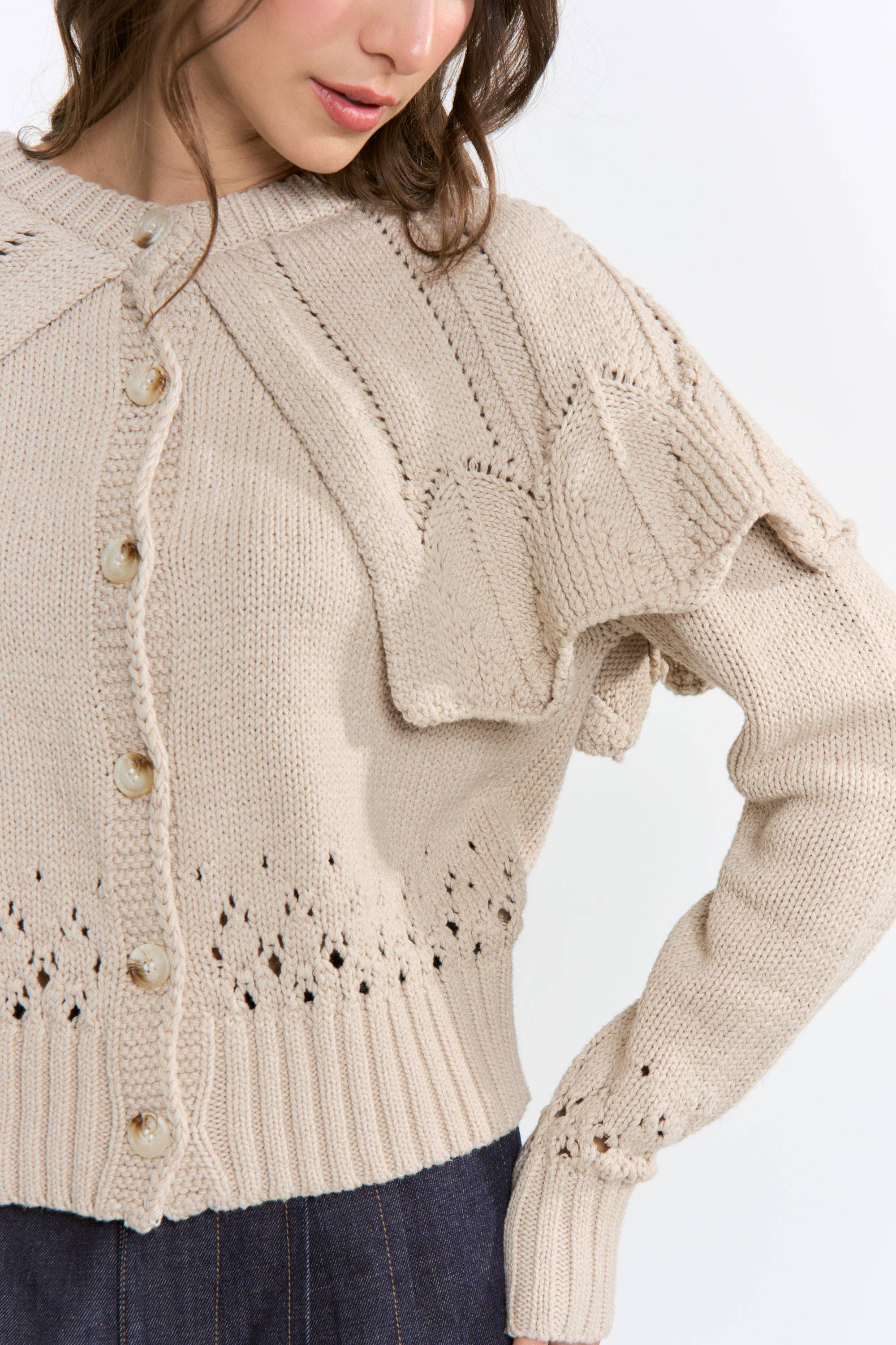 Button-Up Knit Ruffled Capelet Cardigan