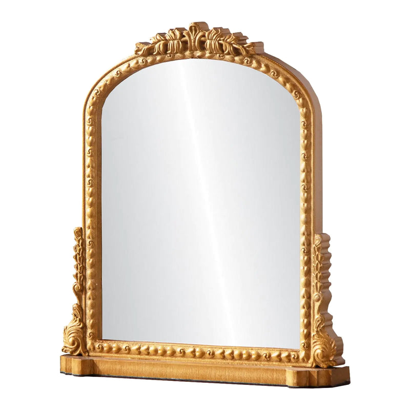 HuiDao Vintage Desk Makeup Mirror Vanity Mirror with Stand Antique Decorative Wood Retro Desktop Dressing Mirror Table Top Mirror for Countertop BedroomBathroom Living Room Gold