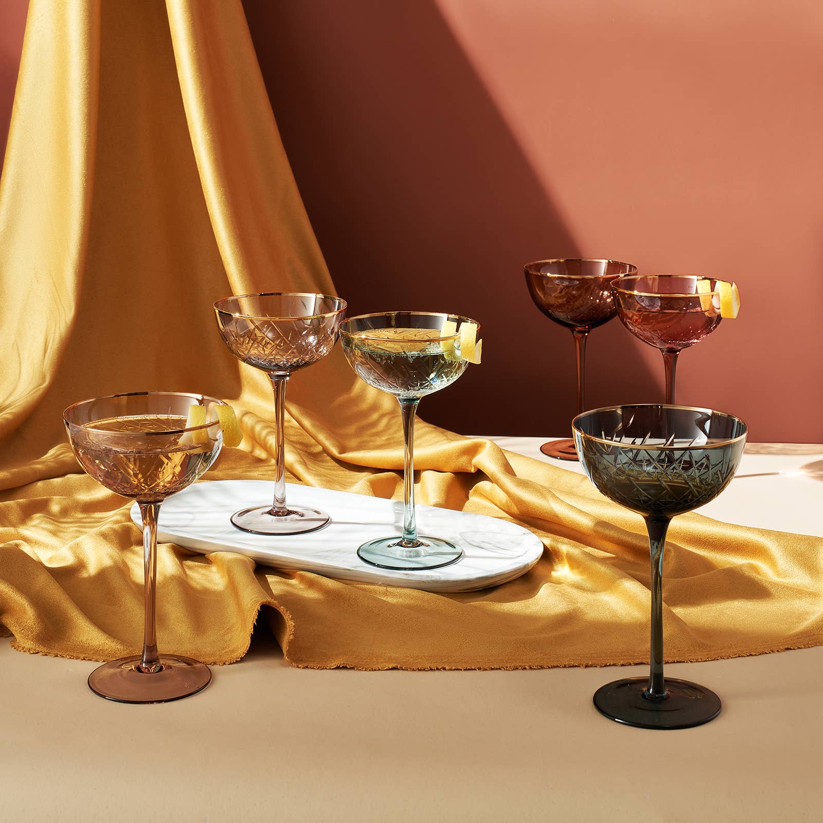 Colored Coupe Art Deco Glasses | Set of 6 | 7.3 oz Classic