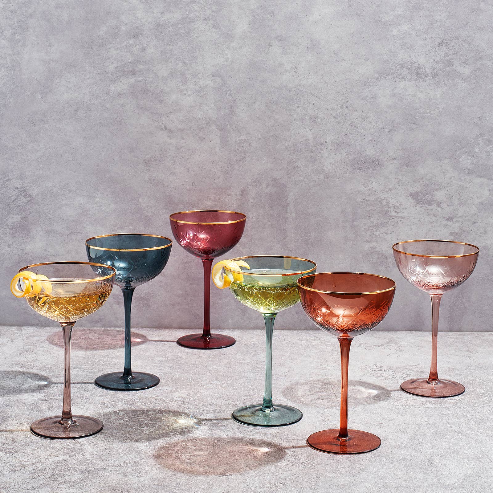 Colored Coupe Art Deco Glasses | Set of 6 | 7.3 oz Classic