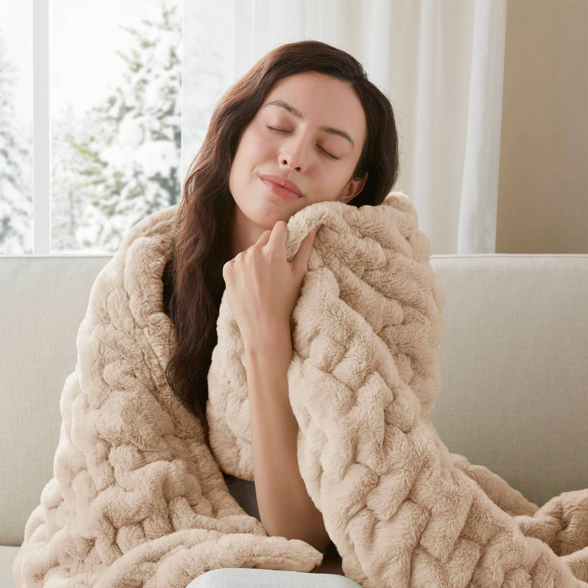 Soft Ruched 50x60" Throw Blanket, Tan