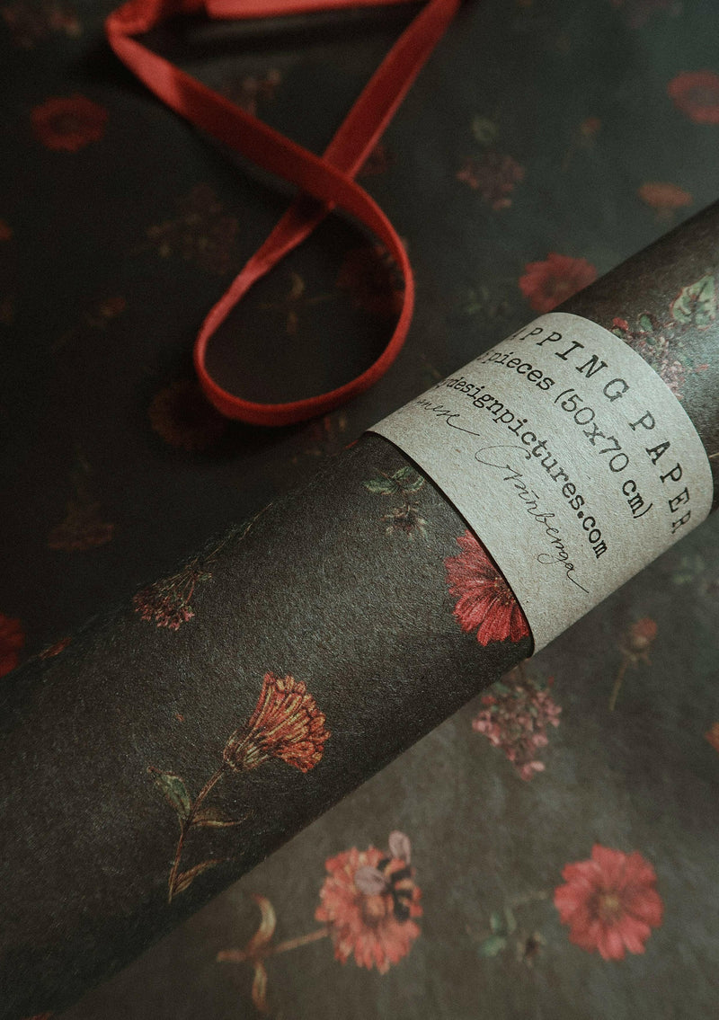 Set Of 3 Pieces Florals on dark green Kraft Wrapping Paper.