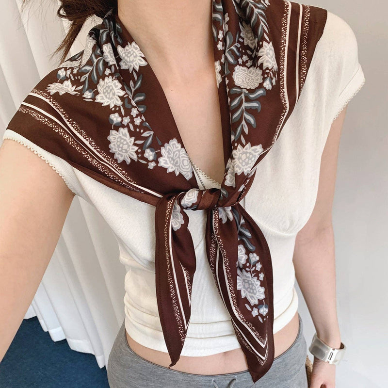 Retro Floral Print Silk Scarf