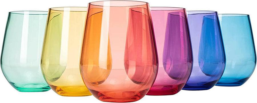 6 Unbreakable Colored Stemless Wine Glasses Acrylic Plastic.