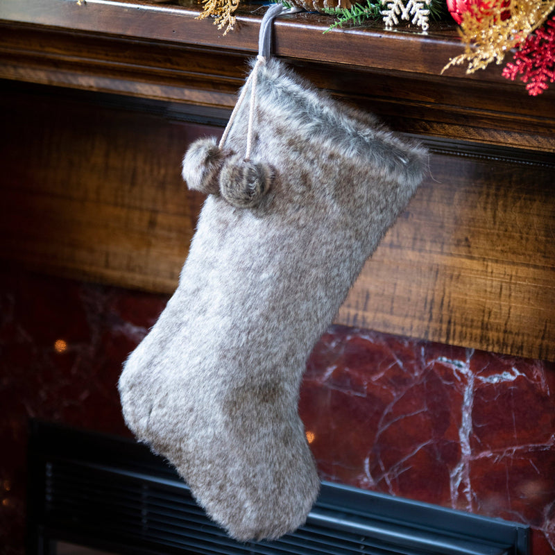 Luxe Faux Fur Christmas Stocking with Fur Pom-Poms