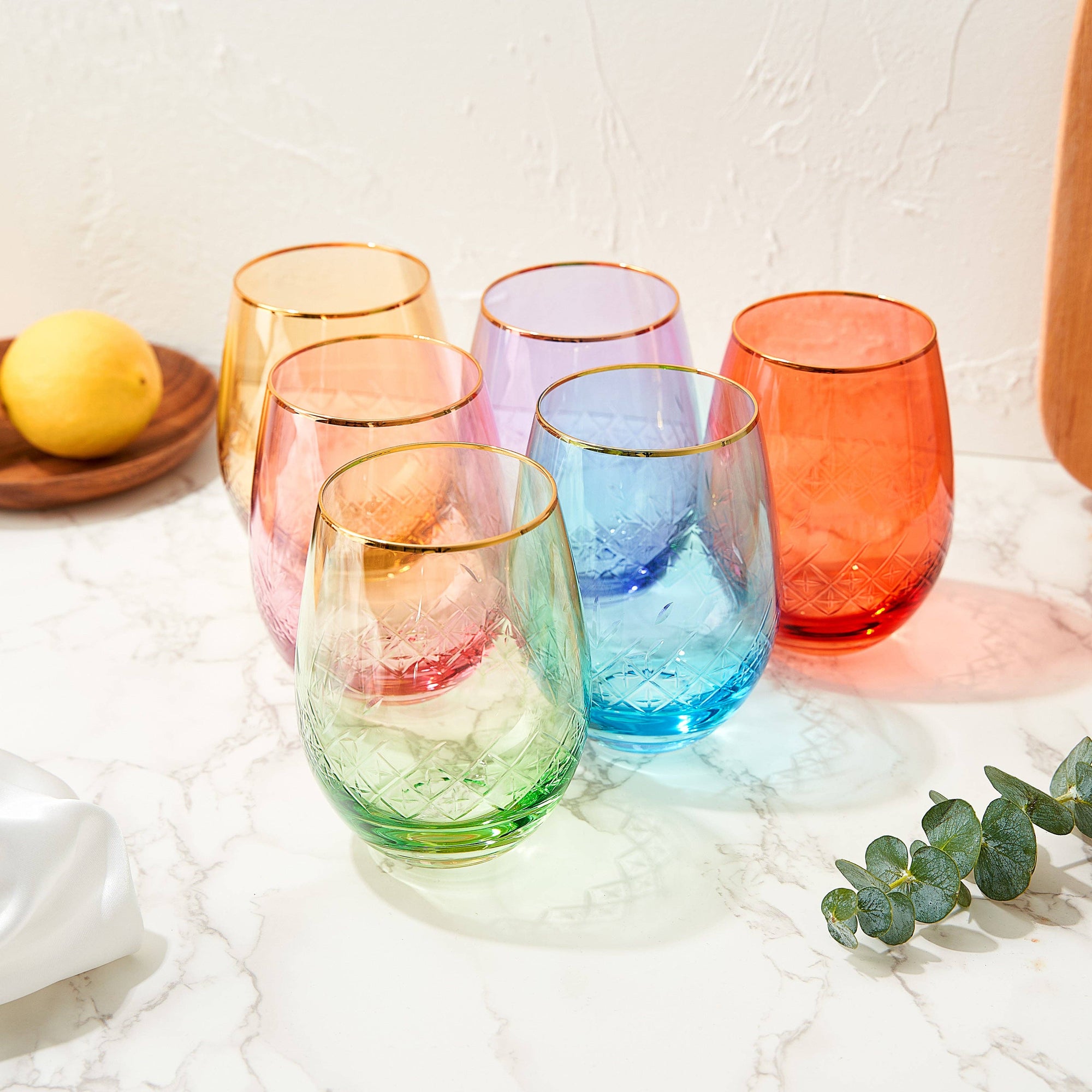 Art Deco Colored Crystal Stemless Wine Glass Set of 6, 15 oz