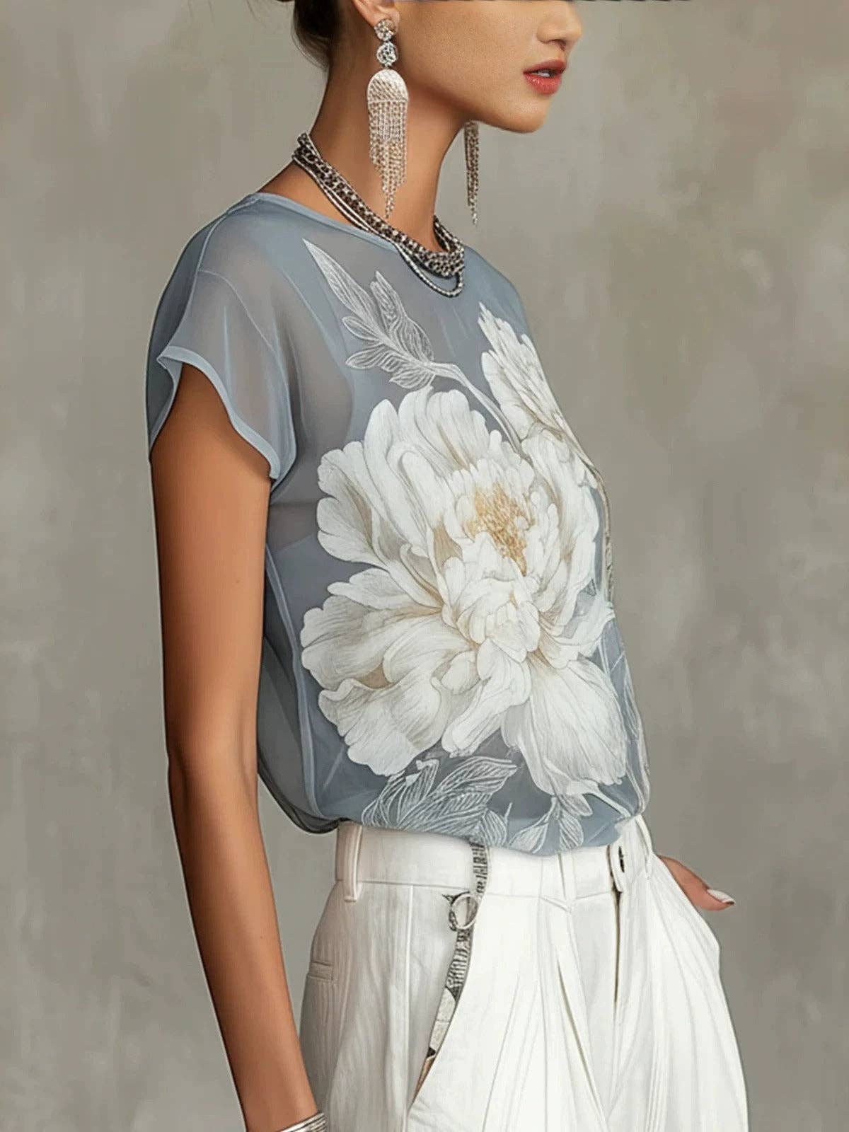Gray Floral Print Chiffon Short Sleeve T-Shirt
