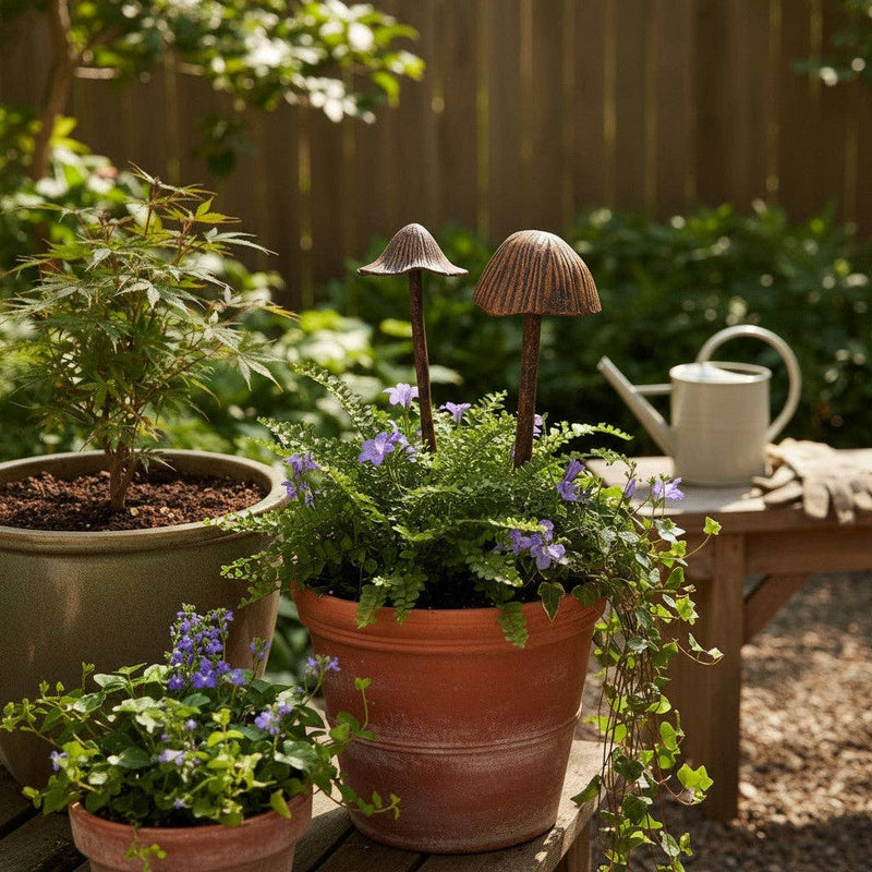 Aged Copper Finish Mushroom Garden Stakes