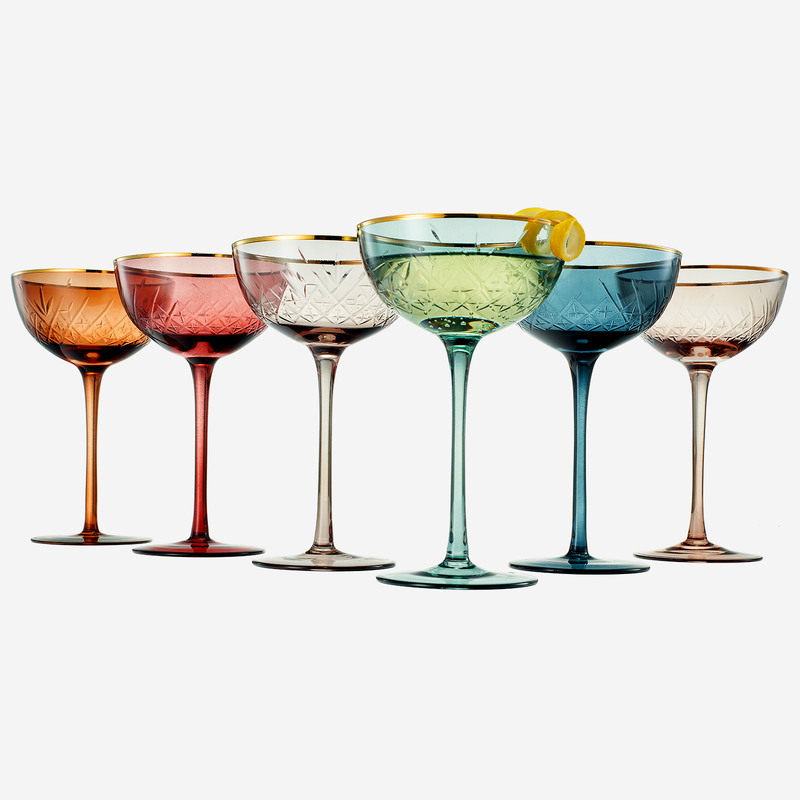 Colored Coupe Art Deco Glasses | Set of 6 | 7.3 oz Classic
