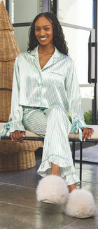 Ruffled PJ Set with Velvet Ties - Ivory + Sage Green