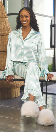 Ruffled PJ Set with Velvet Ties - Ivory + Sage Green