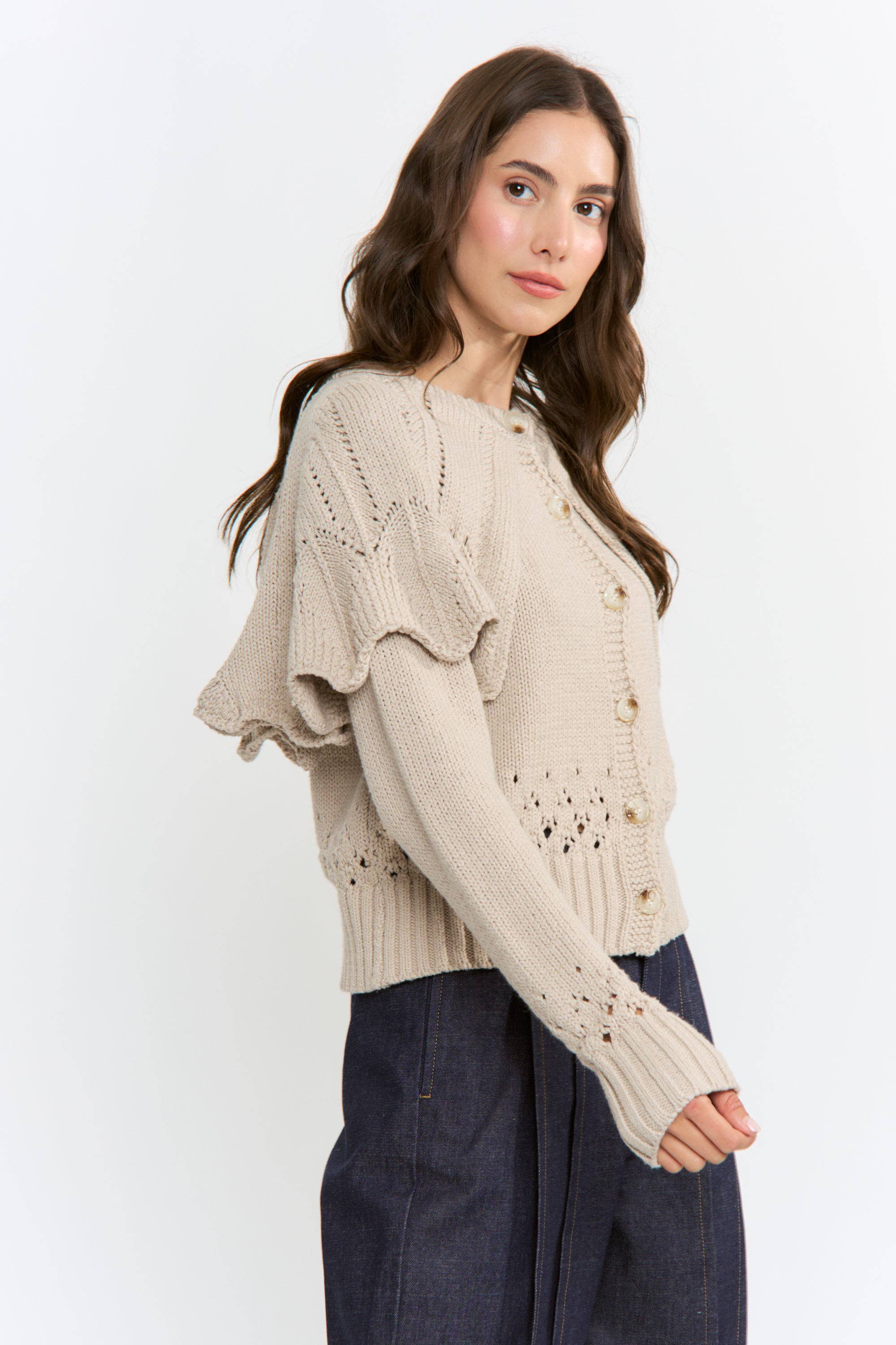 Button-Up Knit Ruffled Capelet Cardigan