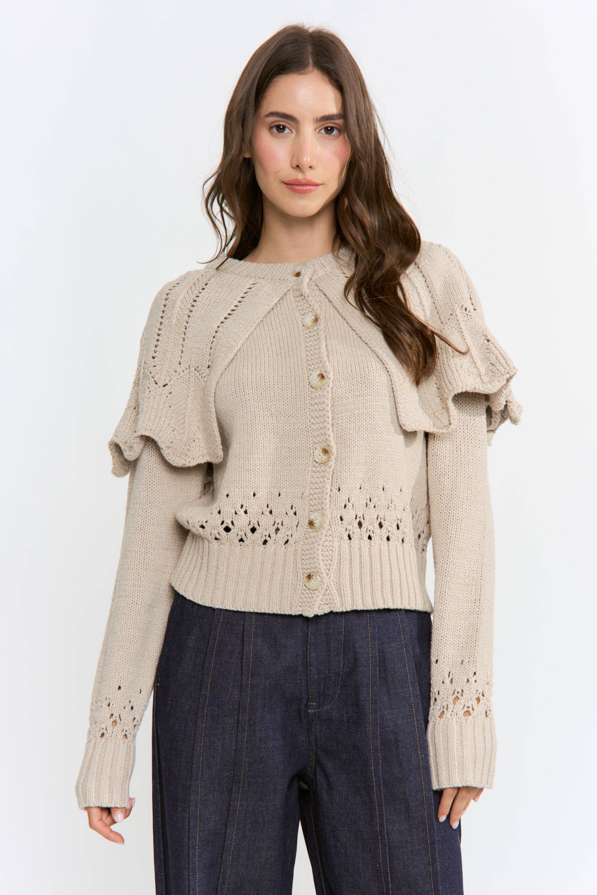 Button-Up Knit Ruffled Capelet Cardigan