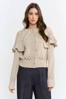 Button-Up Knit Ruffled Capelet Cardigan