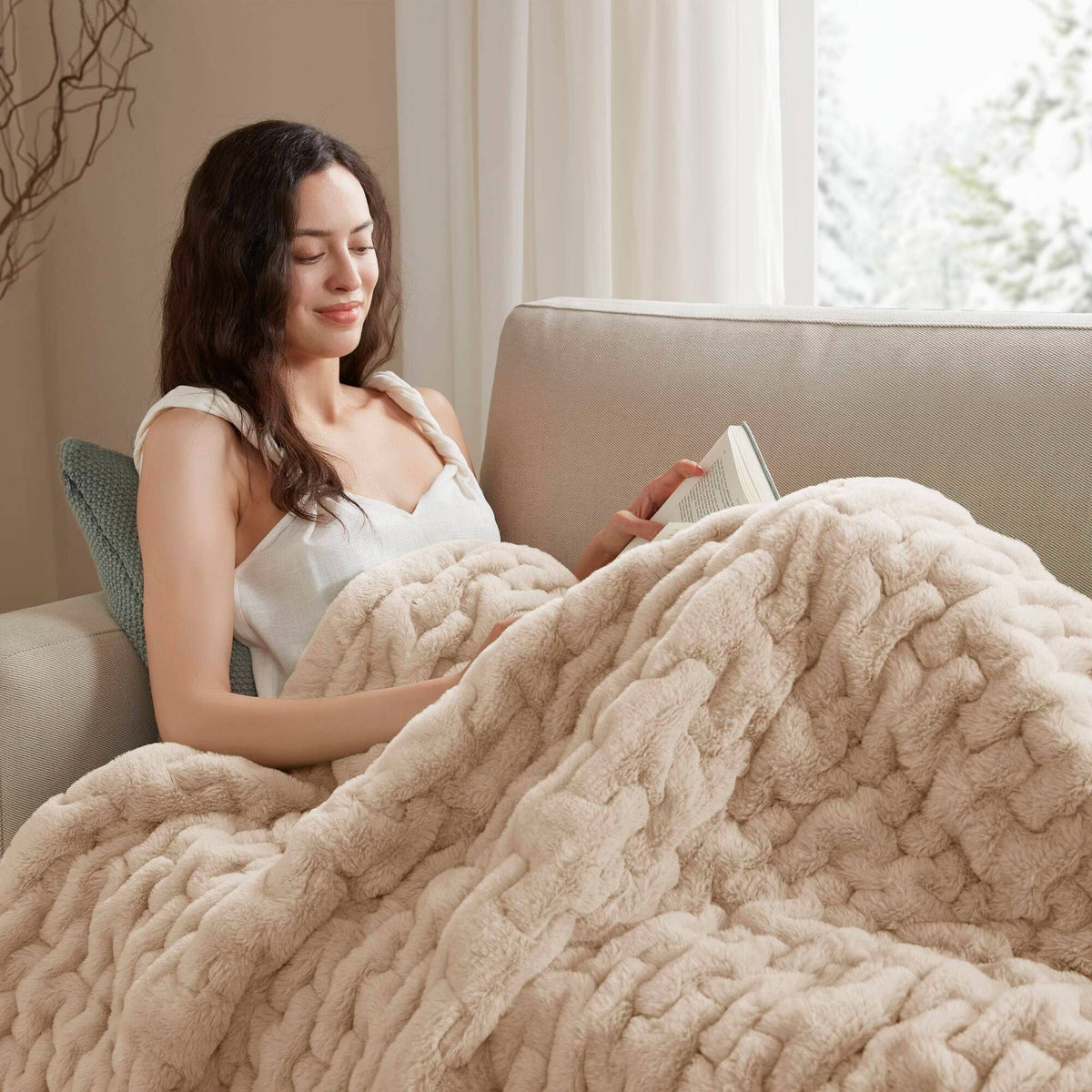 Soft Ruched 50x60" Throw Blanket, Tan