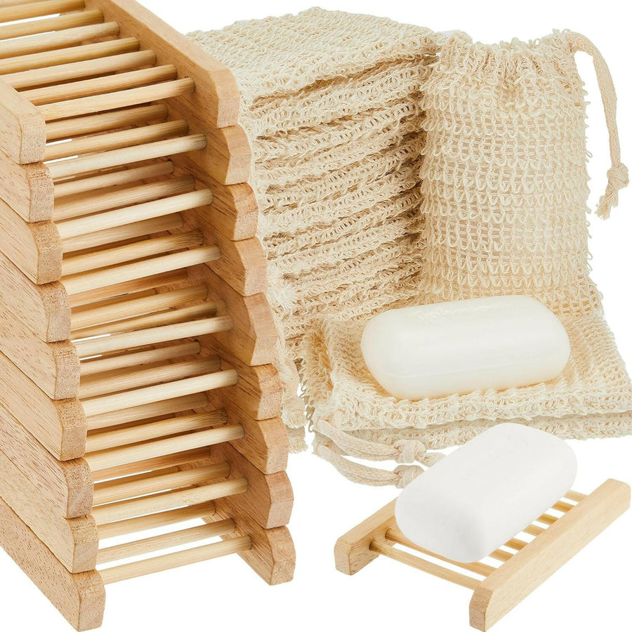Bamboo Wood Holder and Mesh Bag for Shower and Bath Use.