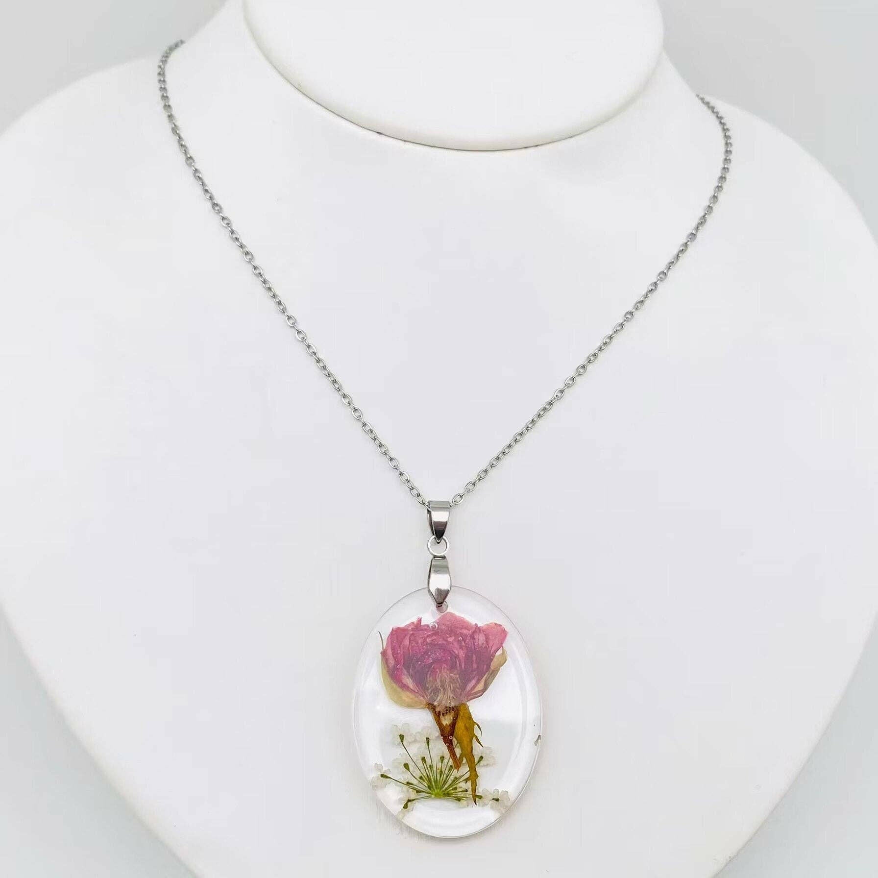 Rose Genuine Dried Flower Oval Pendant Necklace - PDF.