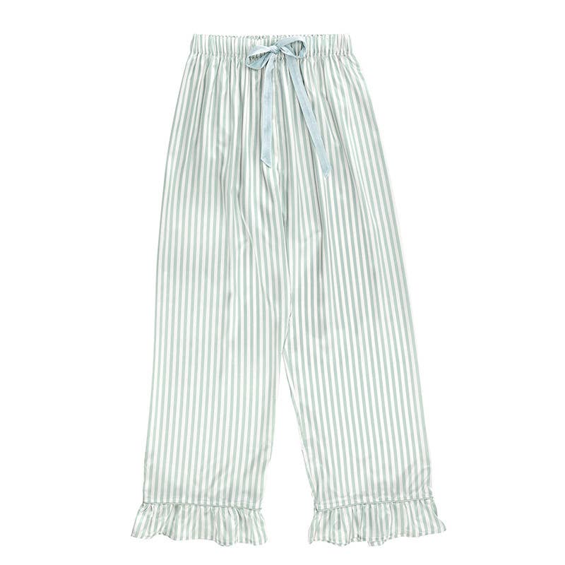 Ruffled PJ Set with Velvet Ties - Ivory + Sage Green