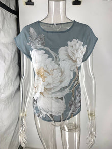 Gray Floral Print Chiffon Short Sleeve T-Shirt