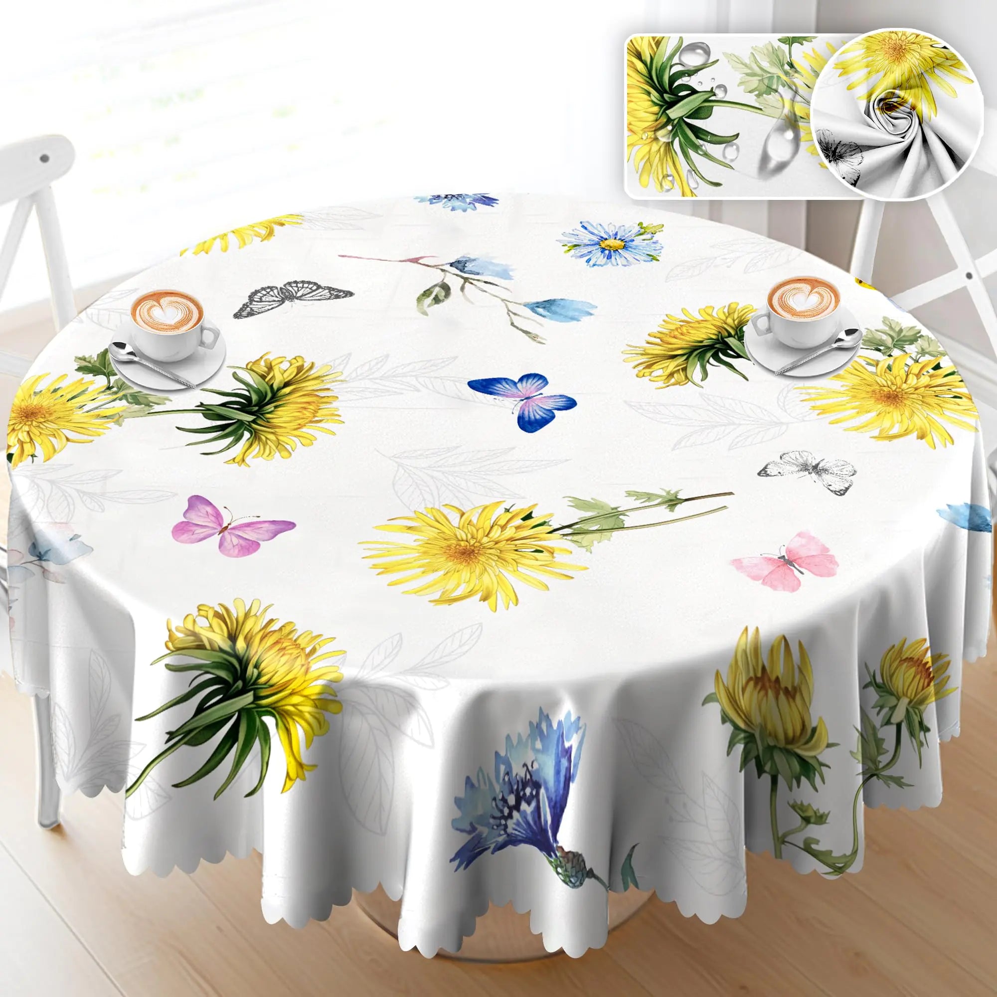Floral Round Tablecloth 60 Inch Vinyl Round Table Cloth Water Resistant Round Table Cover Wrinkle Free and Stain Resistance Circle Tablecloth for Dining Room Party Picnic Indoor and Outdoor Use