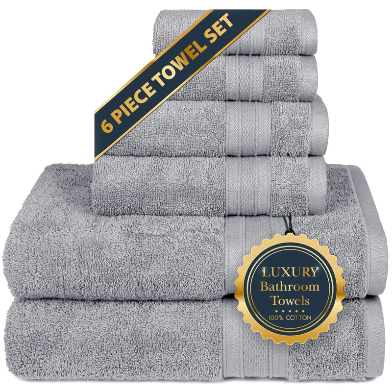 TRIDENT Soft & Plush Luxury Towel Set 100% Cotton 2 Bath Towels 2 Hand Towels 2 Washcloths Highly Absorbent Towels for Bathroom 6 Pieces Silverish Grey Towel Sets.