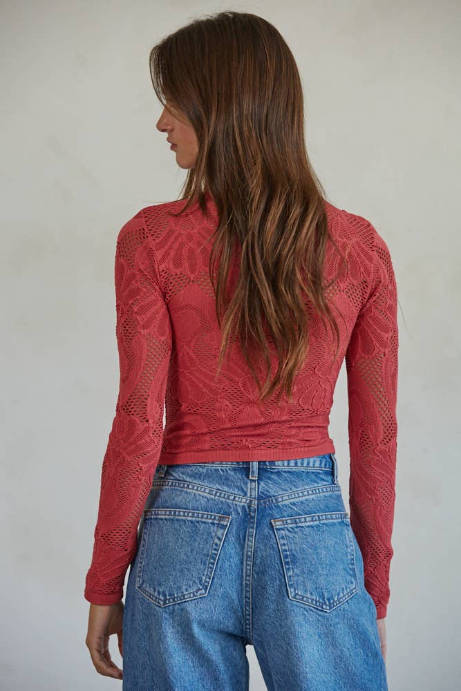 Knit Seamless Jacquard Mock Neck Long Sleeve Top