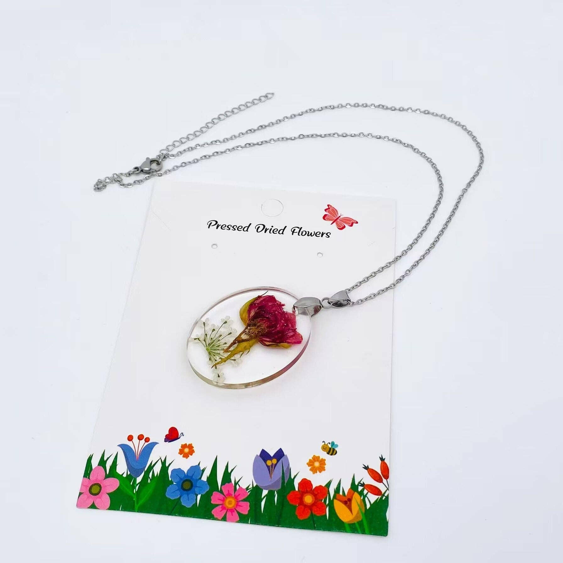 Rose Genuine Dried Flower Oval Pendant Necklace - PDF.