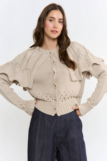 Button-Up Knit Ruffled Capelet Cardigan