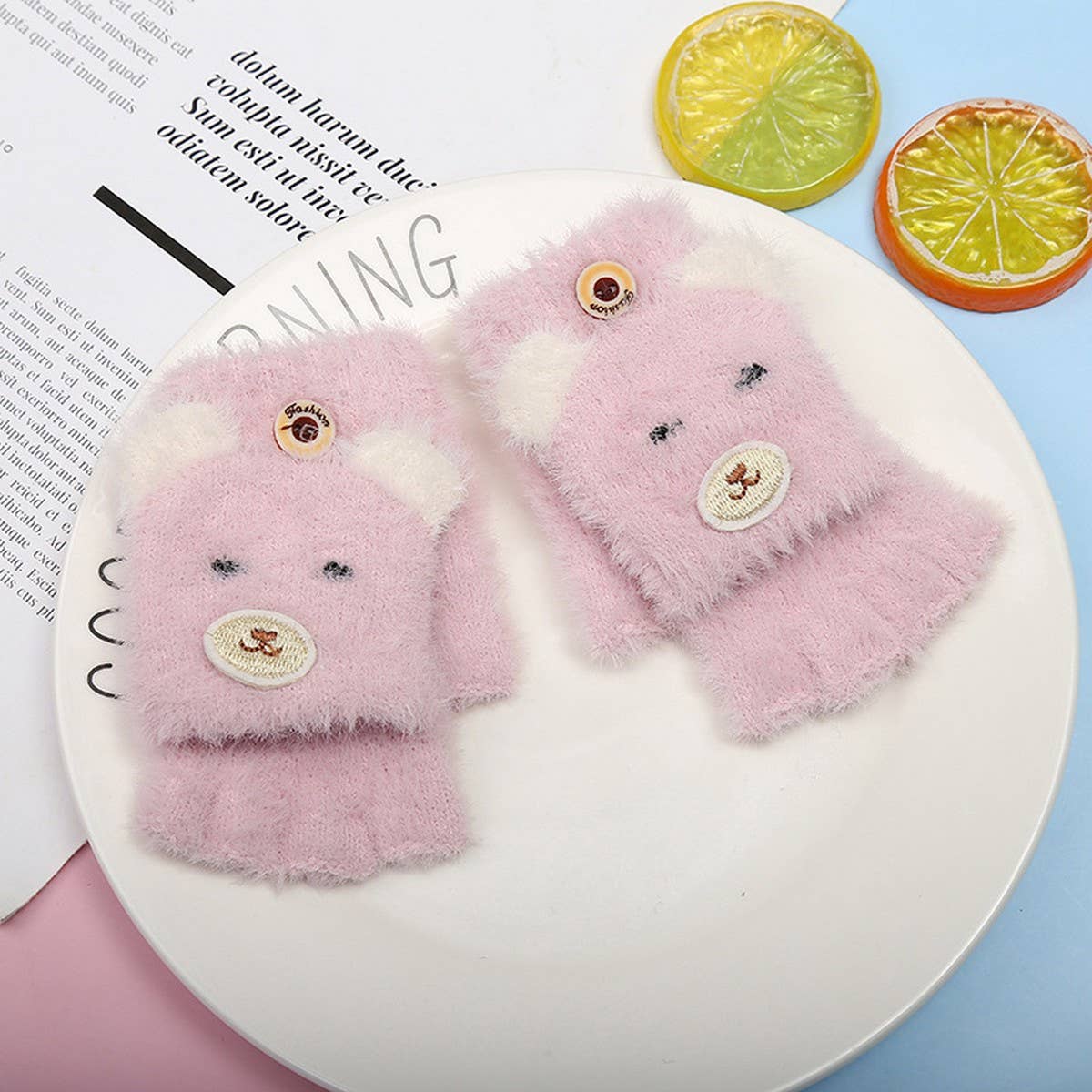 WINTER CARTOON HALF-FINGER FLIP VELVET GLOVES