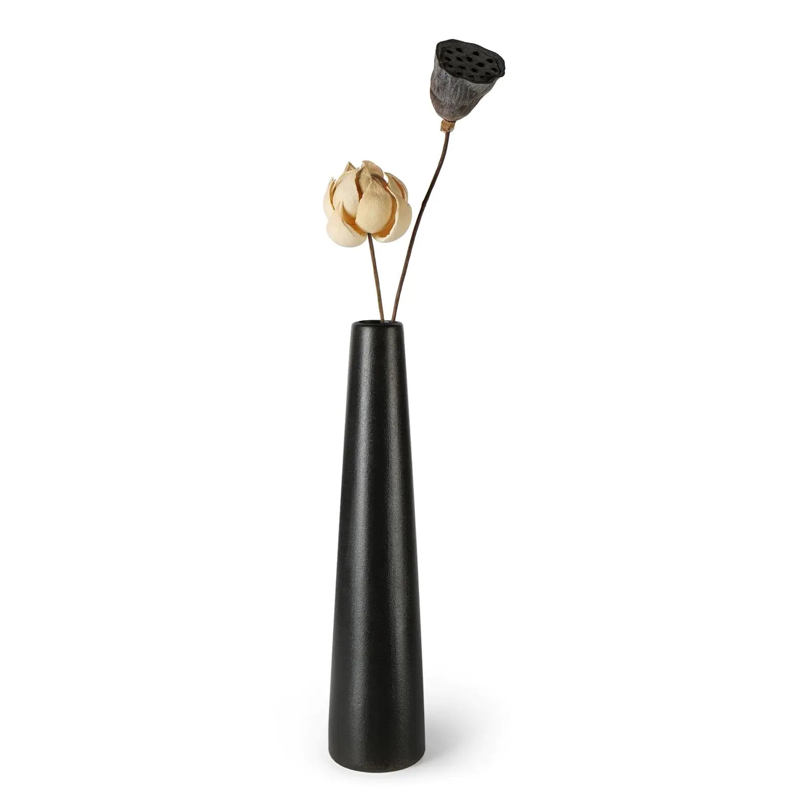 Black Ceramic Vase Tall Skinny Vase with Artificial Flowers Matte Black Single Stem Vase for Home Decor Handmade Minimalist Vintage Vase for Living Room Office Centerpiece Total 18" H