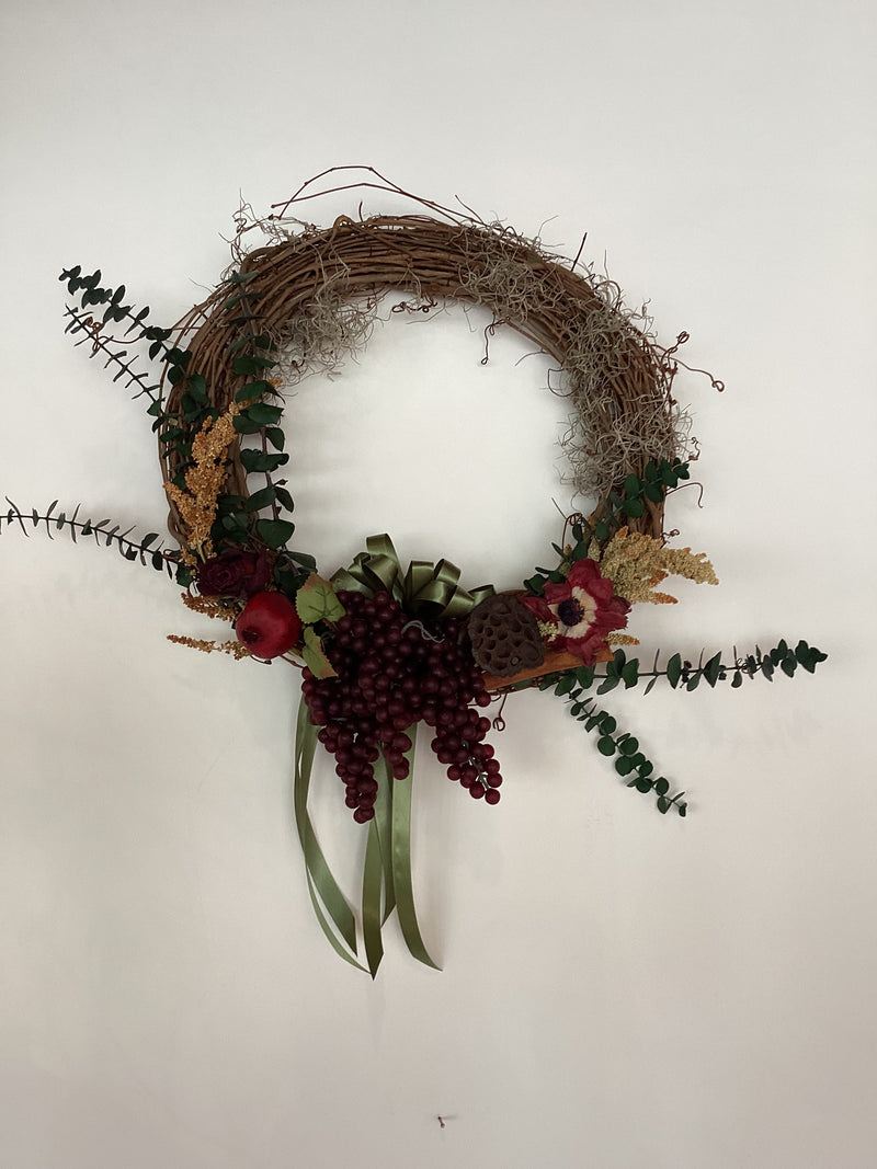16” Grapevine Wreath - Grapes, Dried Florals, Eucalyptus, Cinnamon, Lotus Pods, and Pomegranate