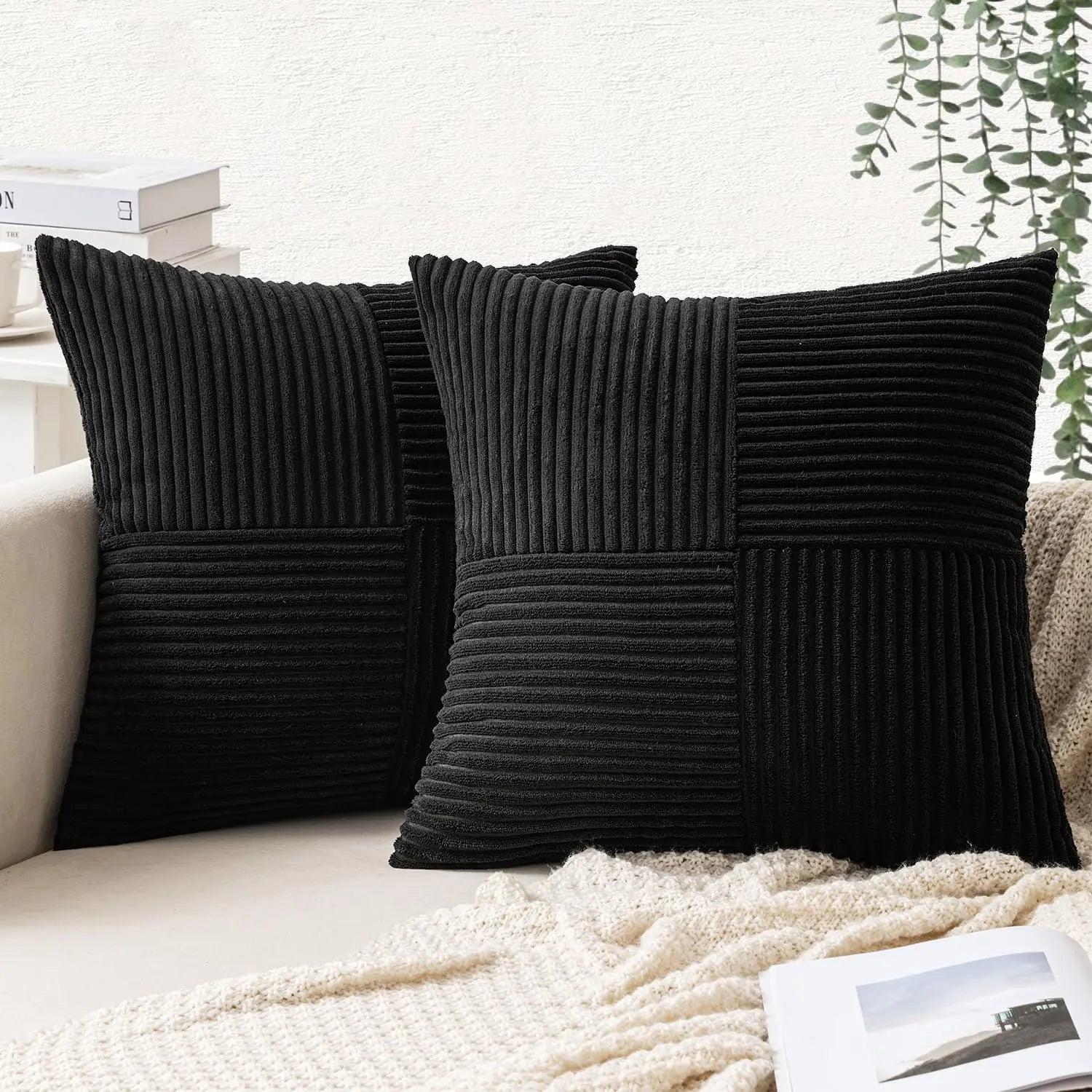 EMEMA Pack of 2 Black Boho Decorative Corduroy Throw Pillow Covers 18x18 Inch Soft Pillow Covers Solid Pillowcases Cross Patchwork Textured Cushion Covers for Living Room Decor Couch Bed Sofa 45x45 cm