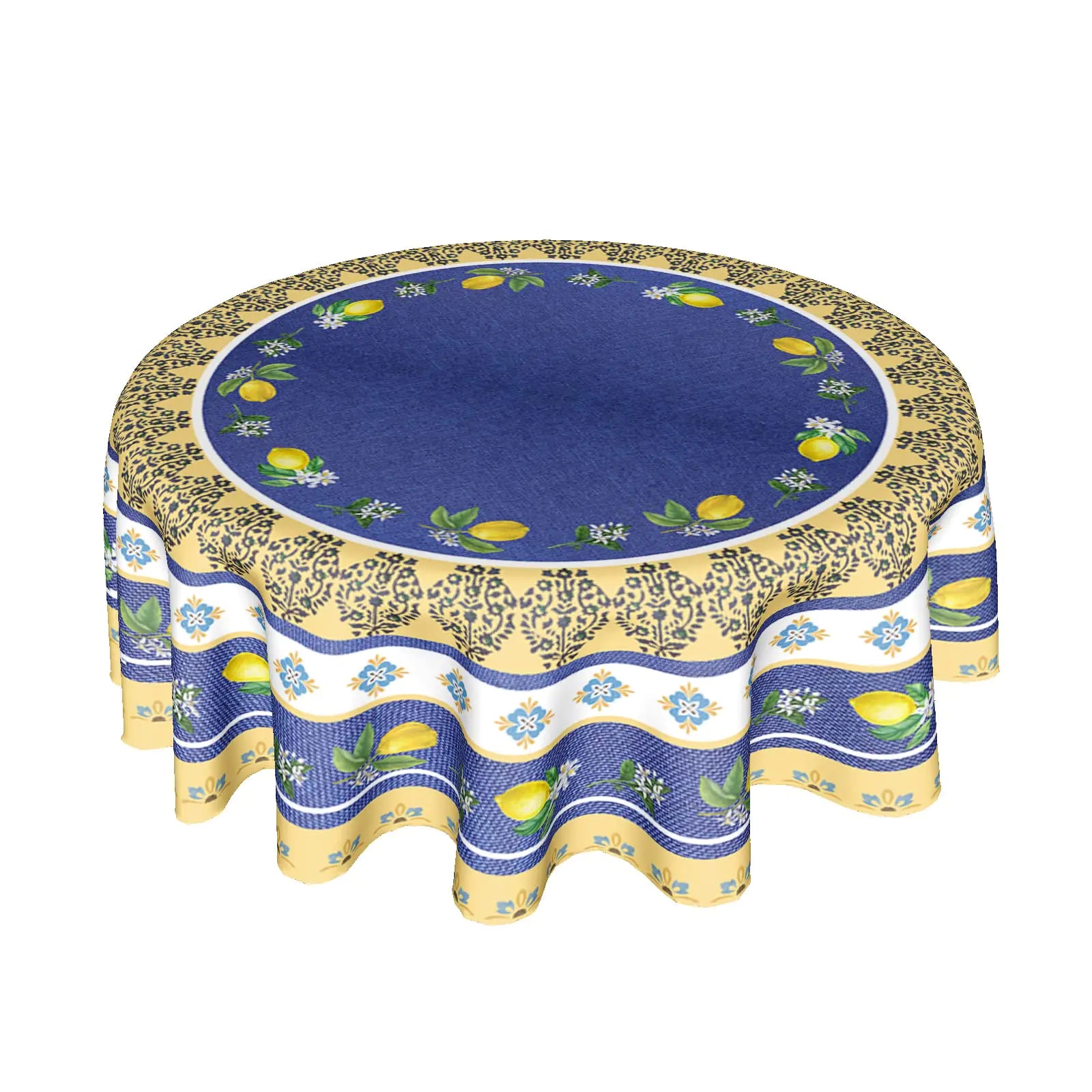 ABSOP Yellow and Blue Tablecloth Round 60 Inch Spring Summer Lemon Table Cloth Washable Farmhouse Navy Blue Table Cover for Kitchen Dinner Room Holiday Picnic Party Camping Indoor Outdoor Decor