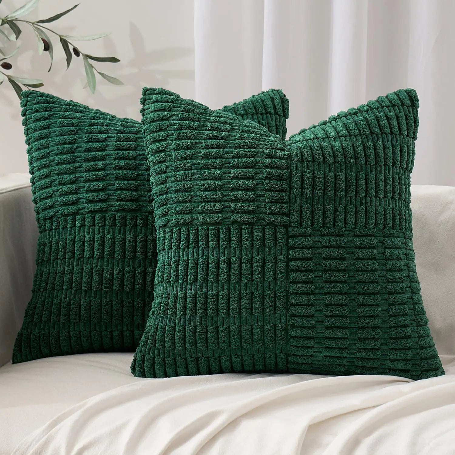 MIULEE Dark Green Boho Pillow Covers Set of 2 Decorative Farmhouse Couch Throw Pillows Textured Striped Patchwork Pillowcases for Sofa Bed Living Room Square Cushion Covers 20x20 Inch