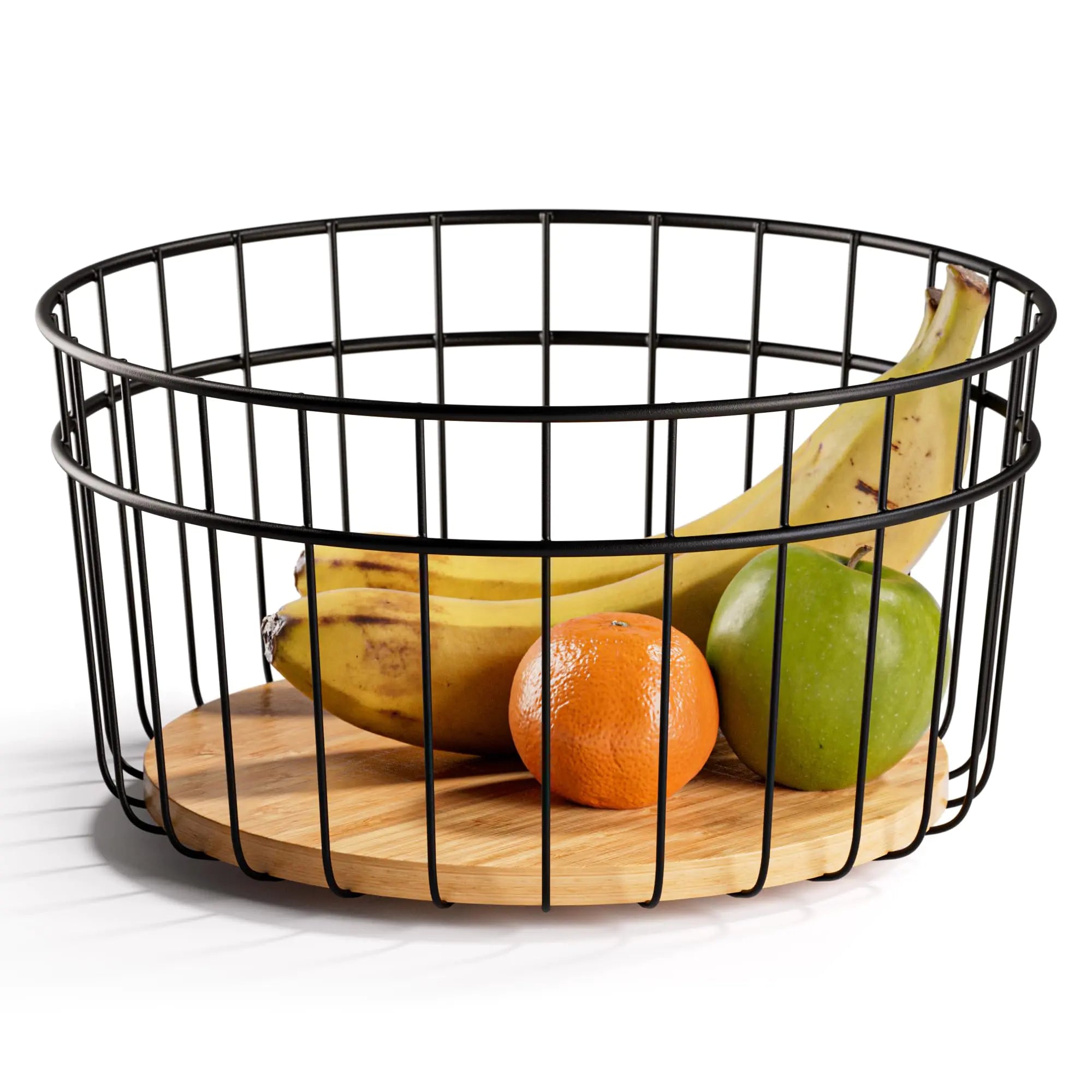 Fruit Bowl for Kitchen Counter - 10"W Metal & Wood Modern Fruit Bowl - Large Fruit Basket for Kitchen Counter - Black Decorative Bowl - Dining Table Centerpiece Decor Bowl - Fruit Bowls - Fruit Holder