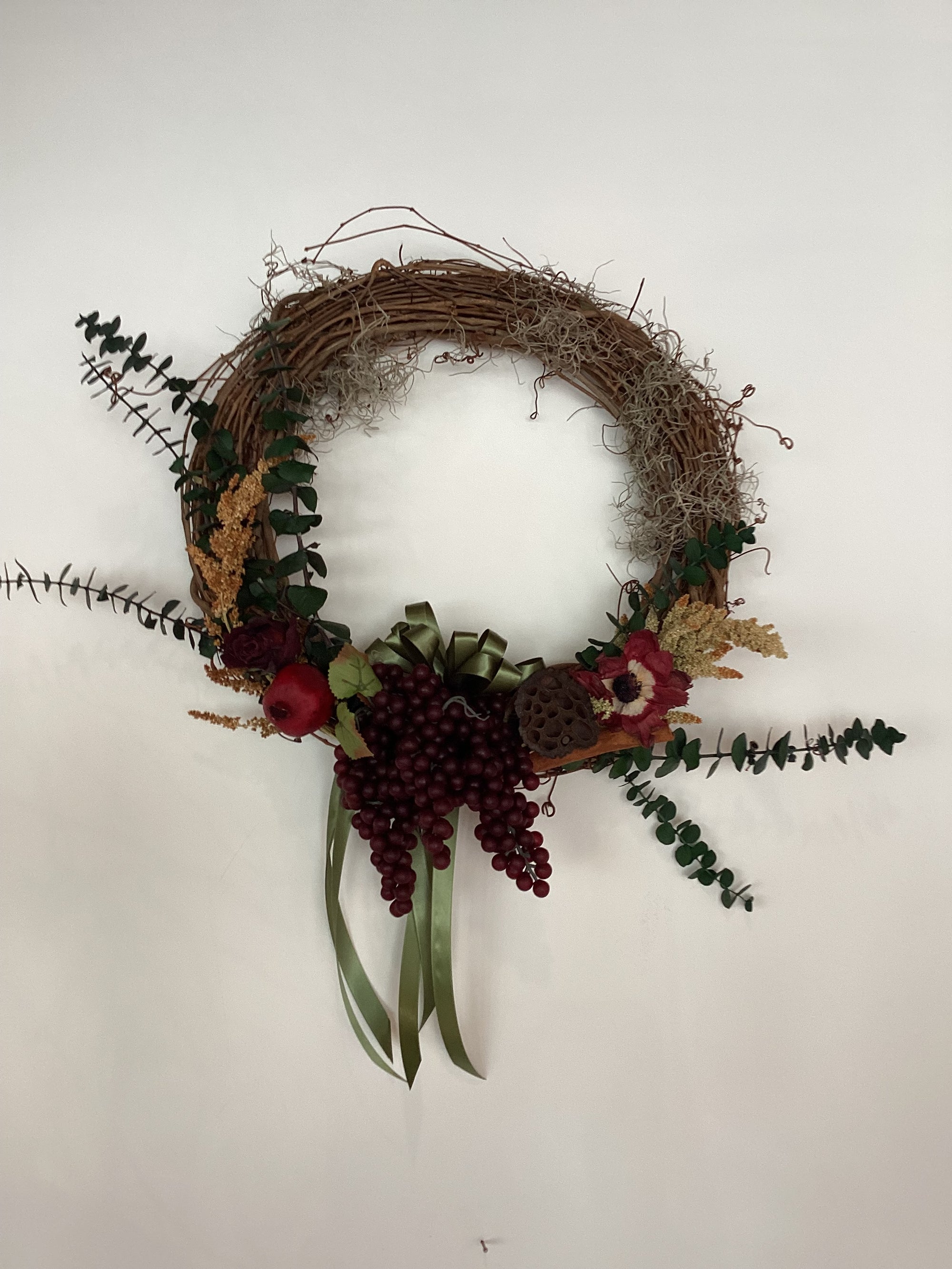16” Grapevine Wreath - Grapes, Dried Florals, Eucalyptus, Cinnamon, Lotus Pods, and Pomegranate