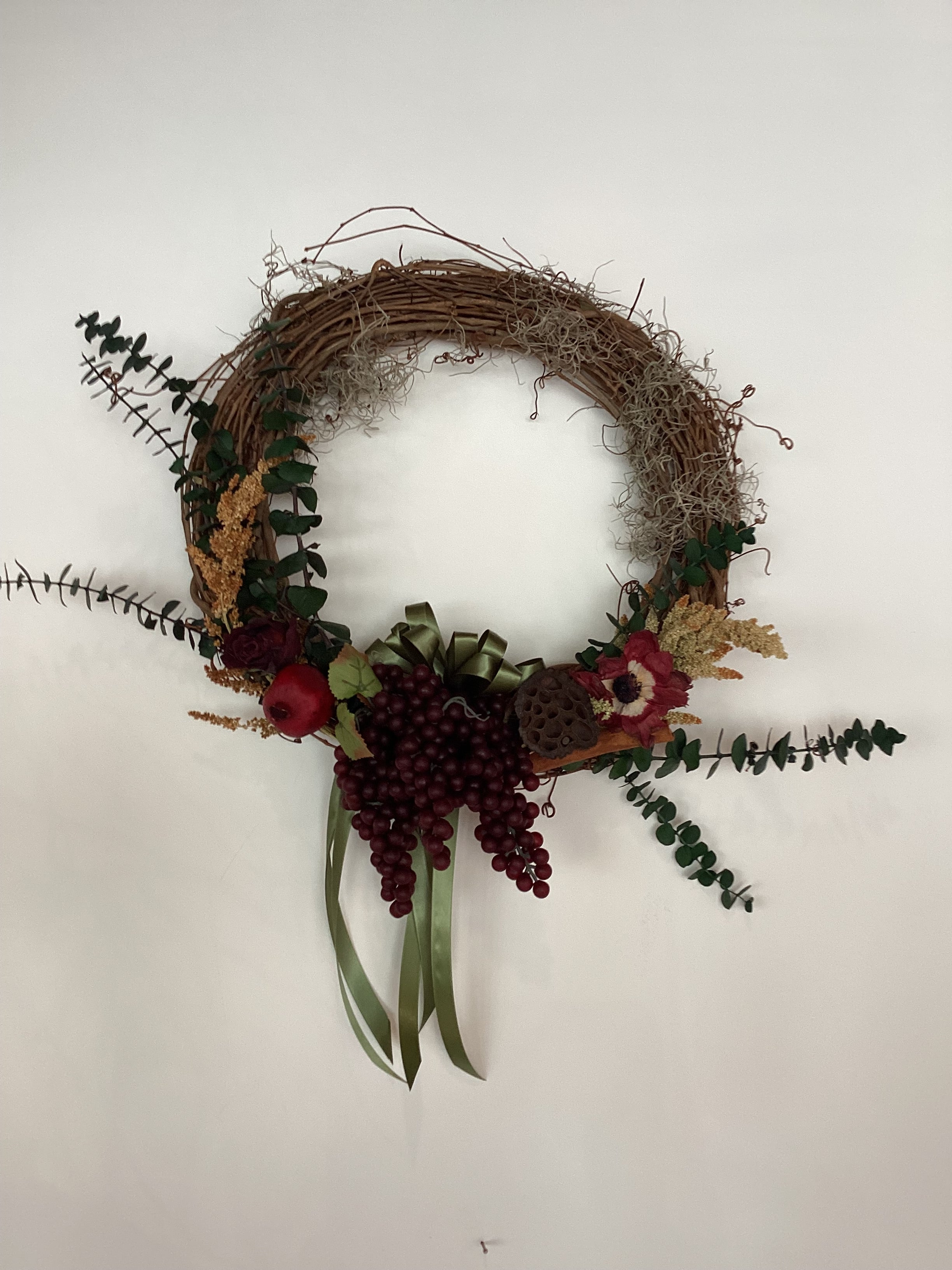 16” Grapevine Wreath - Grapes, Dried Florals, Eucalyptus, Cinnamon, Lotus Pods, and Pomegranate