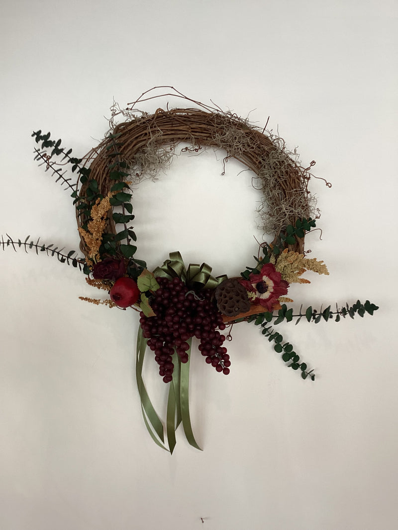 16” Grapevine Wreath - Grapes, Dried Florals, Eucalyptus, Cinnamon, Lotus Pods, and Pomegranate